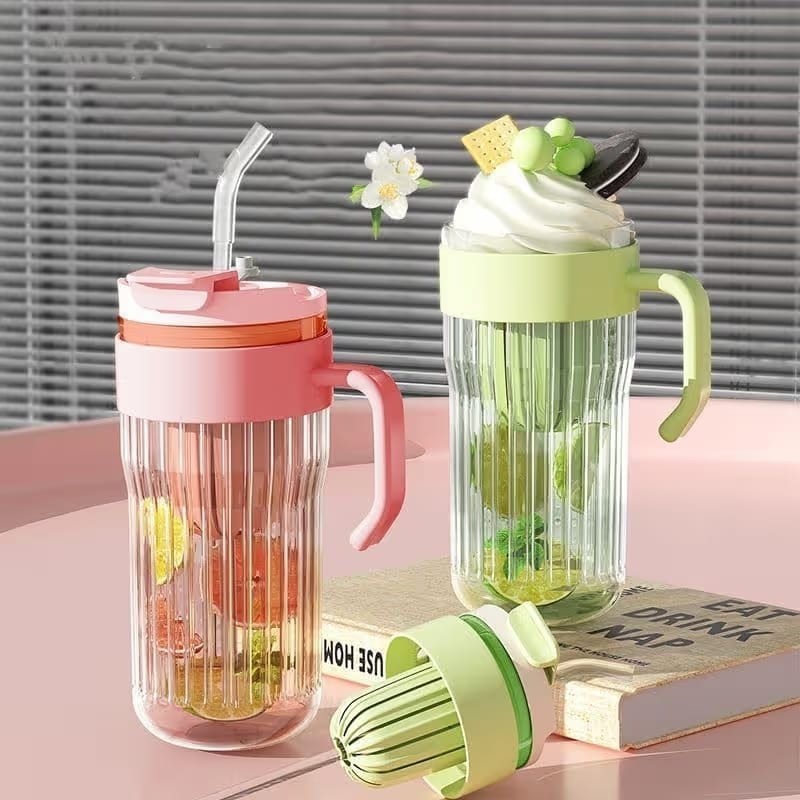 Stripe Glass Coffee Cup with Lid and Straw Drinking Glasses for Juice Milk Tea Cups Leakproof 2-in-1 Sip and Flip Straw Lid, New Tumbler, 550 ML (Multicolor)