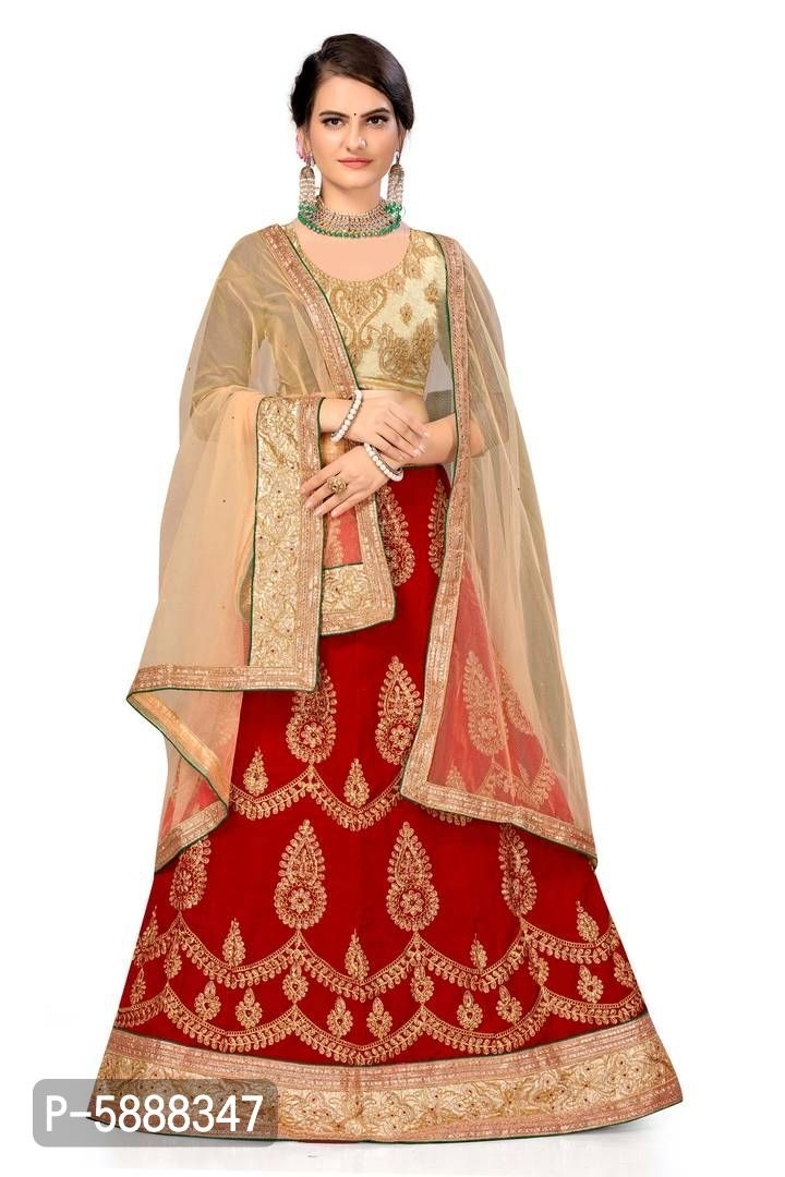 Kajal Enterprises *Stylish Red Semi-Stitched Border With Embroidered Blouse Gota Lehenga Choli Set - Red, Free