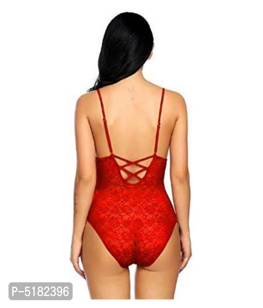 D S L  Bodysuit Skin Fit Exotic Nightwear Sexy Dress (Free Size)* - Red, Free Size(Bust - 30.0 - 36.0 inches)