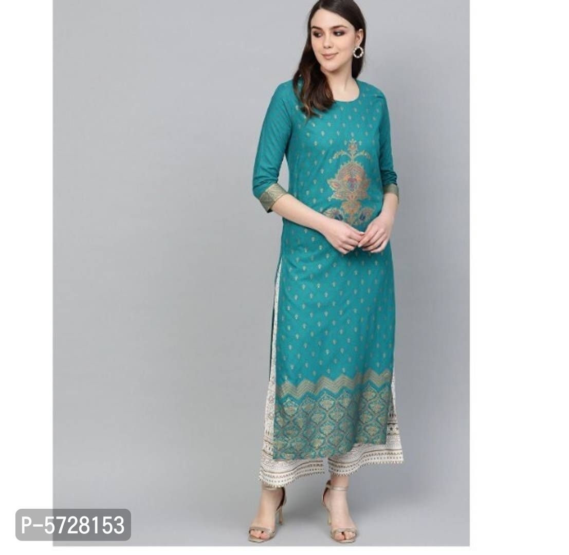 Rayon Gold Printed Kurta And Palazzo Set* - Blue, L