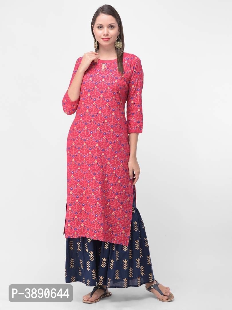 Beautiful Ethnic Wear Rayon Gold Printed & Trim Work Kurta & Cotton Gold Print Palazoo Set* - Pink, S