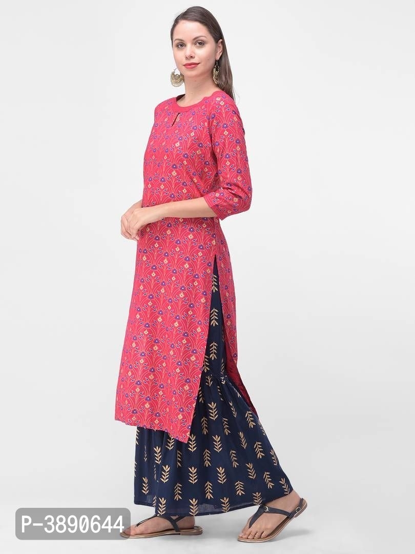 Beautiful Ethnic Wear Rayon Gold Printed & Trim Work Kurta & Cotton Gold Print Palazoo Set* - Pink, S