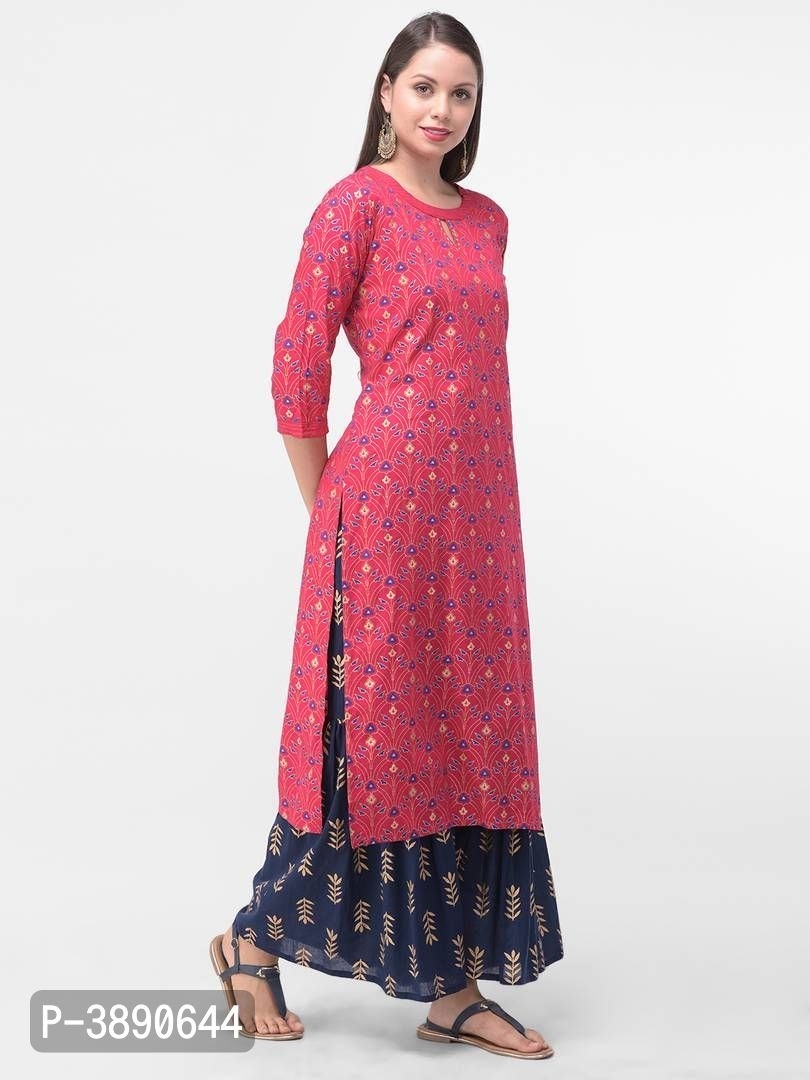 Beautiful Ethnic Wear Rayon Gold Printed & Trim Work Kurta & Cotton Gold Print Palazoo Set* - Pink, S