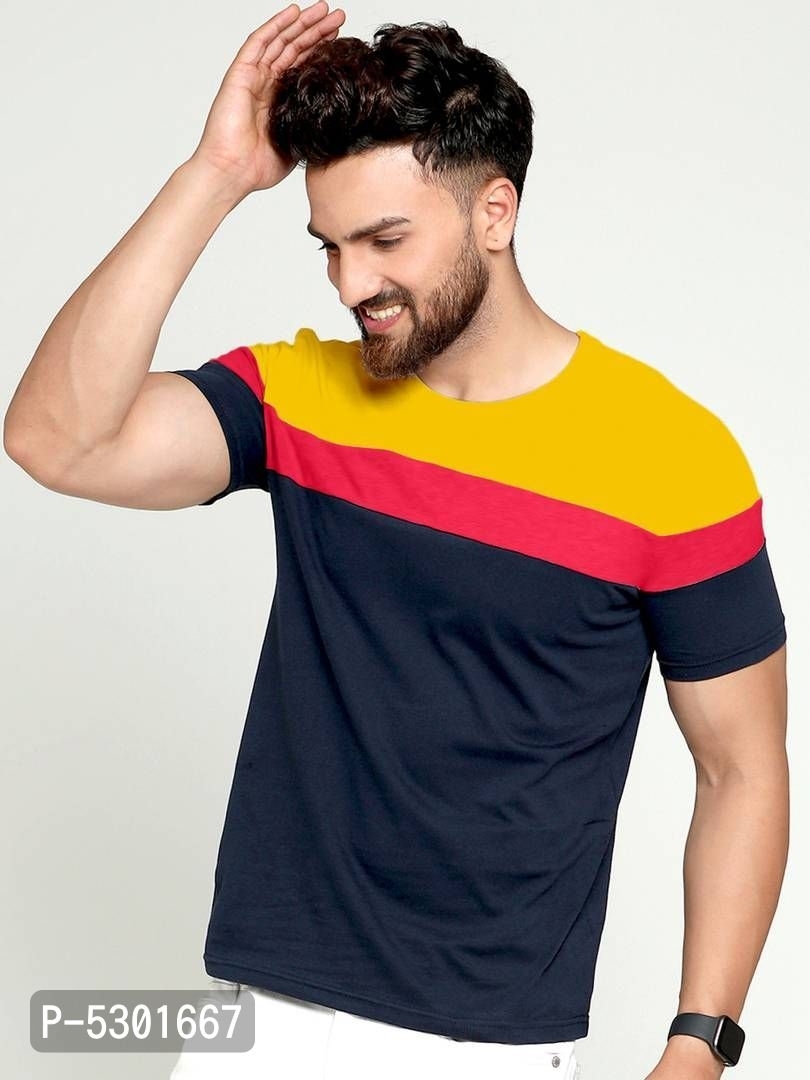 Men's Multicoloured Cotton Blend Colourblocked Round Neck Tees* - Multicoloured, M