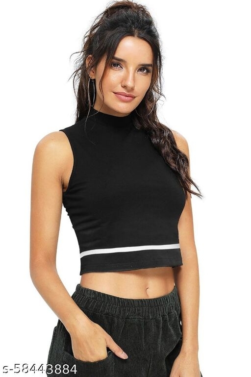 Sleeveless Casual Striped BlackPolyester Blend Crop Top (18"Inches) - L, available