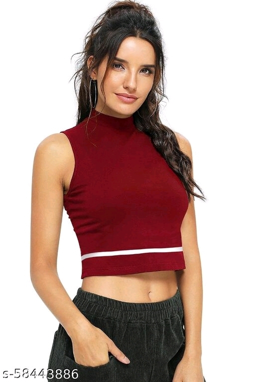 Sleeveless Casual Striped MaroonPolyester Blend Crop Top (18"Inches) - S, available