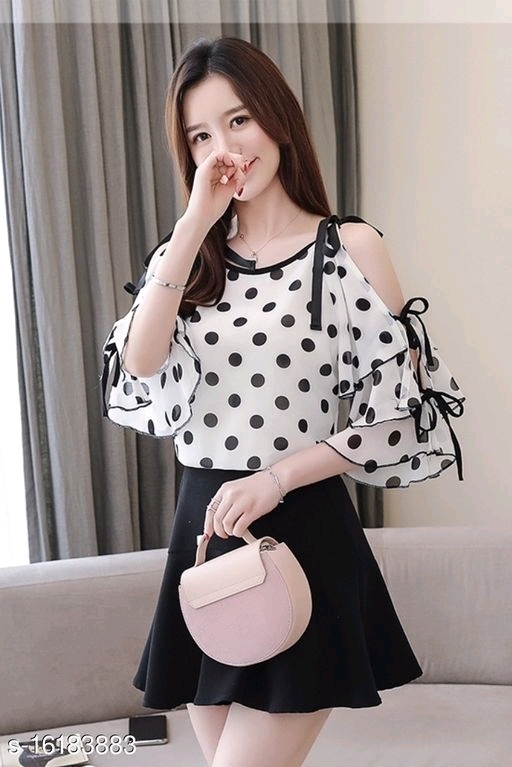 RWT-01019 White_Polka Dott Flared Sleeves Cold Shoulder Top - available, S