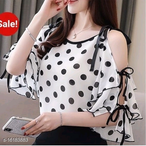 RWT-01019 White_Polka Dott Flared Sleeves Cold Shoulder Top - M, available