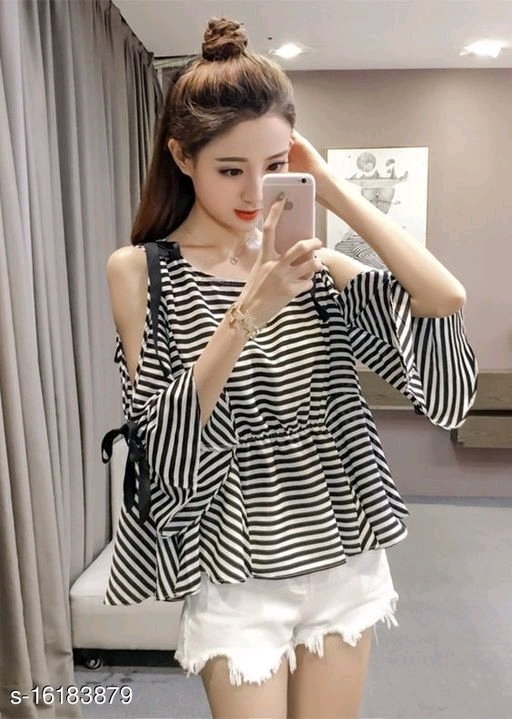 Black And White_Strips With Sleeves And Shoulders Black Knotes Top - M, available