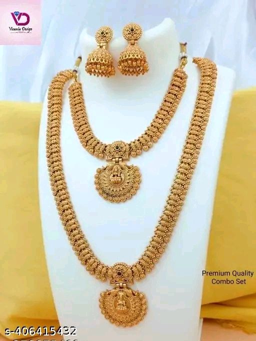 Vivanta design Jewellery Sets II Goddess Lakshmi Temple Design Gold Toned Faux Pearls Adorned Jewellery Set II Beautiful Antique Necklace Set / Indian Women Jewellery/ Gold Plated Fashion Jewelry II Traditional Handmade South Indian Jewellry Set II - Gold Plated, Free Size