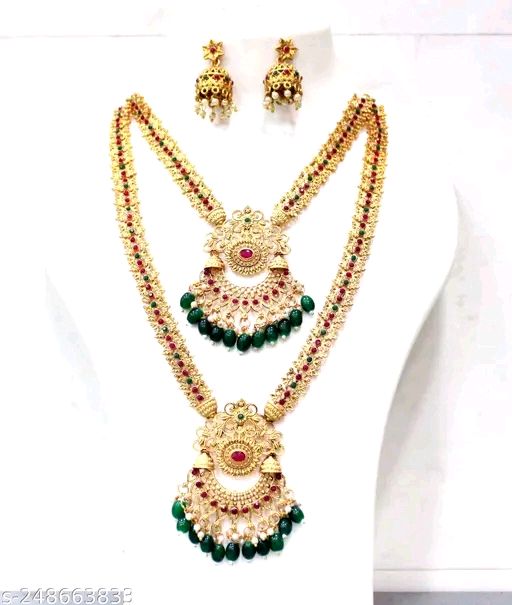 GREEN MOTI FLOWER RED RUBY CENTRE COMBO SET - Gold Plated, Free Size