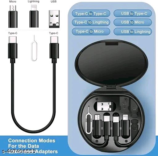  3-in-1 Cable 0.25 A 0.29 m USB Data Cable Set Travel Cable Set  (Compatible with Data Transfer, Charging Adapter, Smartphones, Multicolor, One Cable) - Black, Free Size