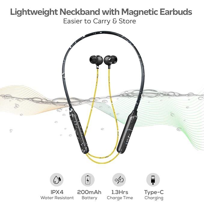 Tangent Duo Bluetooth 5.2 Wireless in-Ear Headphones, 13mm Driver, Deep Bass, HD Calls, Fast Charging Type-C Wireless Neckband, Dual Pairing, Voice Assistant& IPX4 Water Resistant (Yellow/Black)