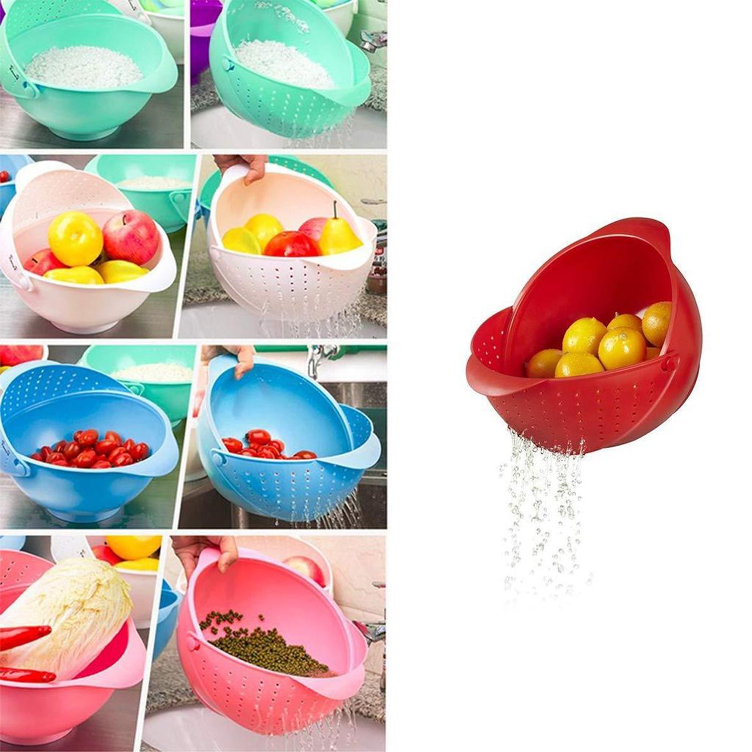 2145 Plastic Revolving Multi Functional Rice, Vegetable Fruit Wash Basket Bowl (Multi Colour) - India, 2.436 kgs