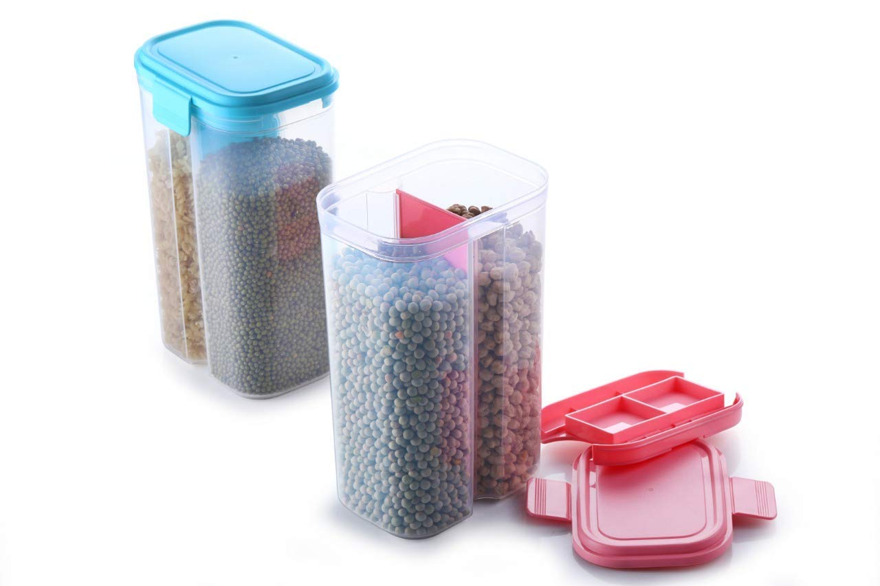 2147 Plastic 2 Sections Air Tight Transparent Food Grain Cereal Storage Container (2000ml) - India, 0.884 kgs