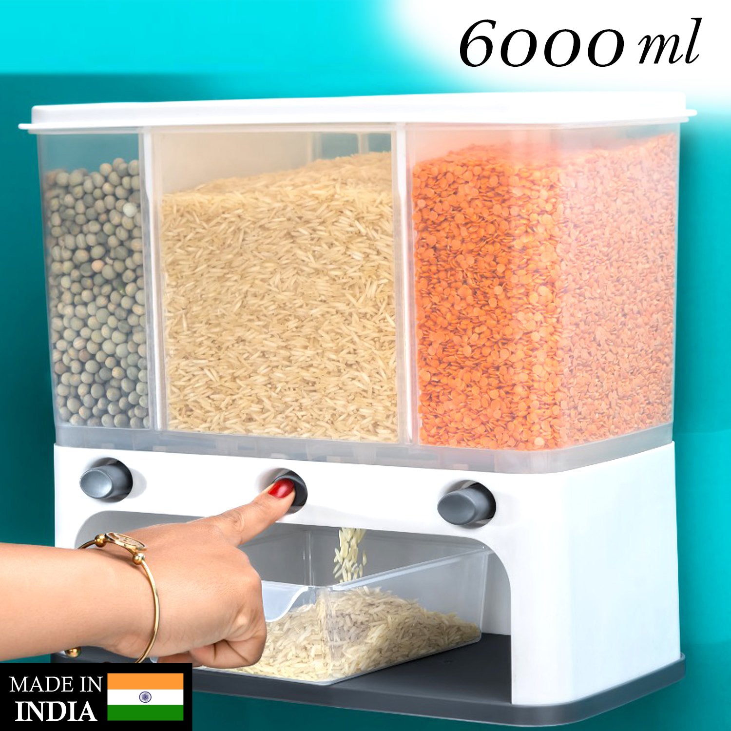 2550 Easy Flow Cereal Dispenser for Kitchen 3 in 1 Push Button Wall Mount Container - India, 3.172 kgs