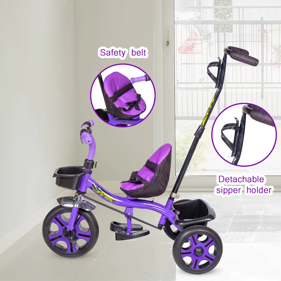 MEE MEE PREMIUM BABY TRICYCLE WITH DETACHABLE FOOTREST, PARENT HANDLE & CUSHIONED SEAT AND SEAT BELT (PURPLE)