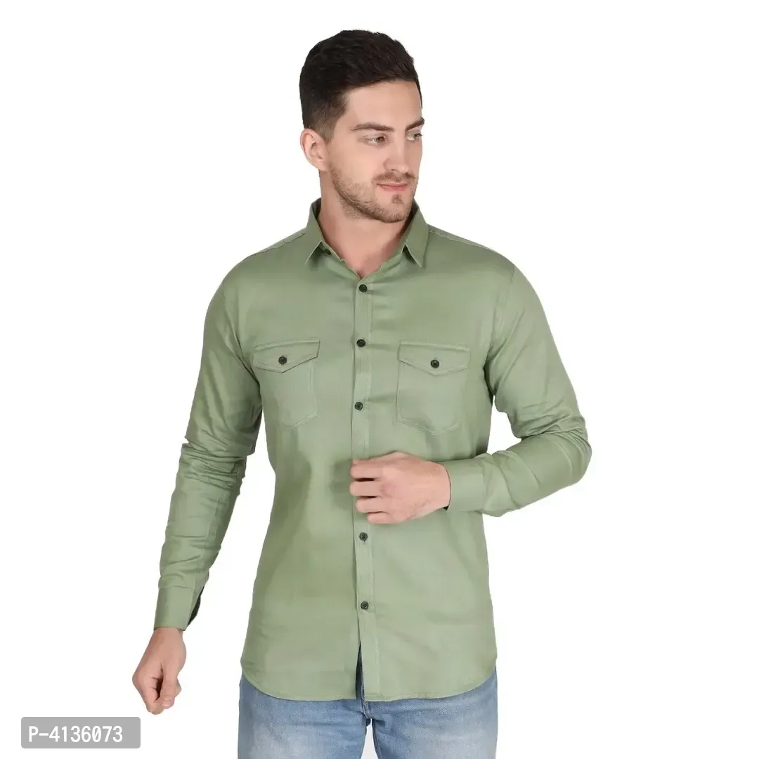 Olive Cotton Solid Long Sleev Casual Shirt