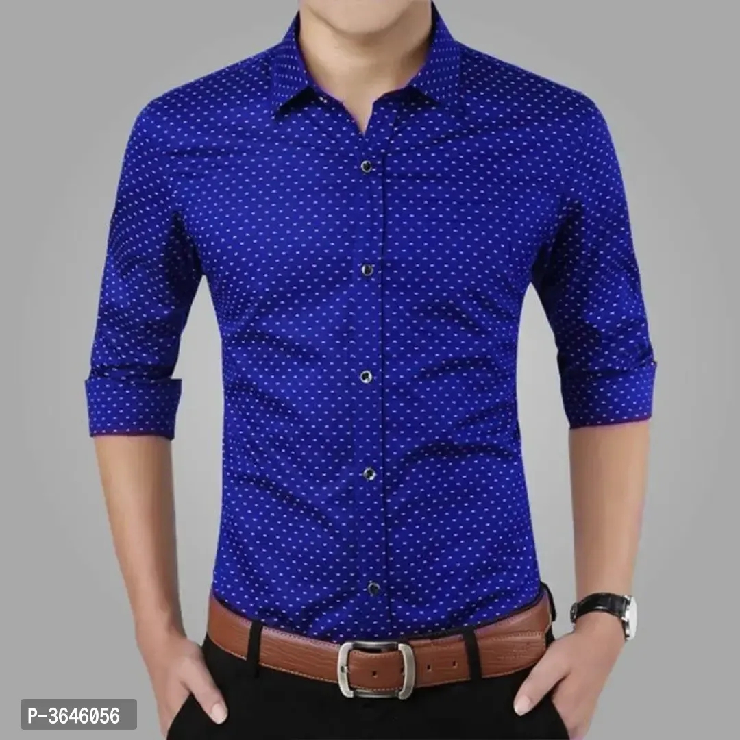 Blue Printed Cotton Slim Fit Men's Casual Shirt - L