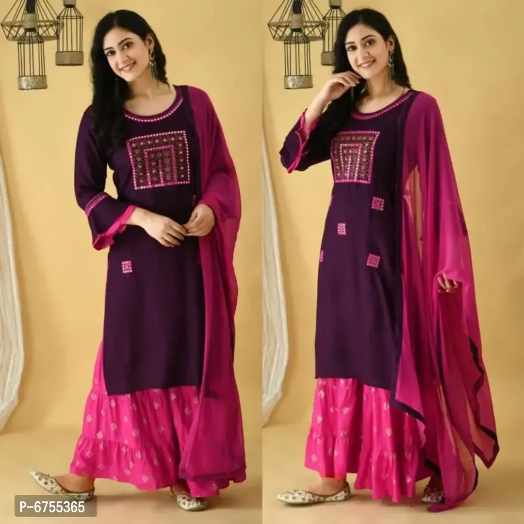 Elegant Rayon Mirror Work Embroidery Suit Set For Women - M