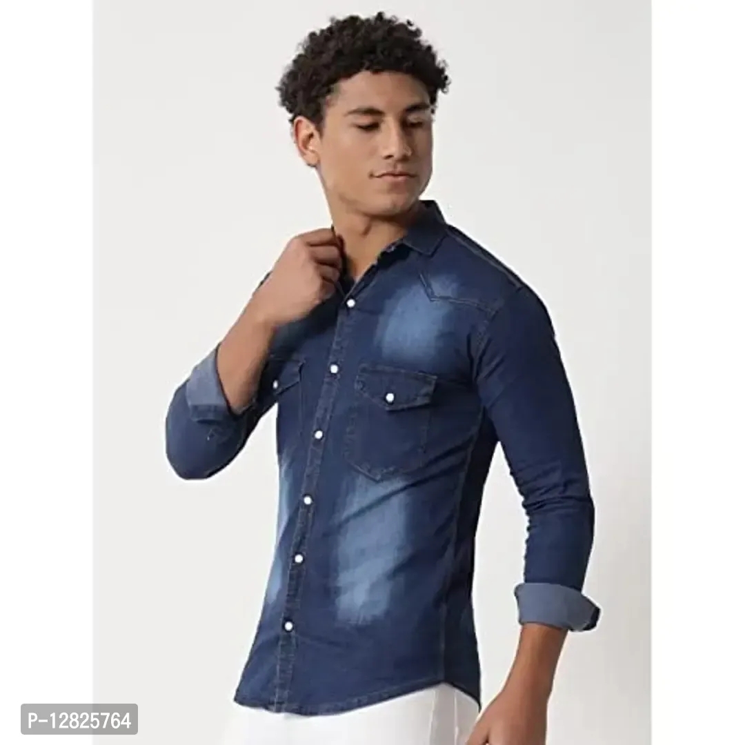 Double One - Men's Solid Slim Fit Denim Casual Shirt - XL