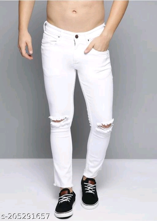 Men White Strechable Slash Knee Jeans - 34