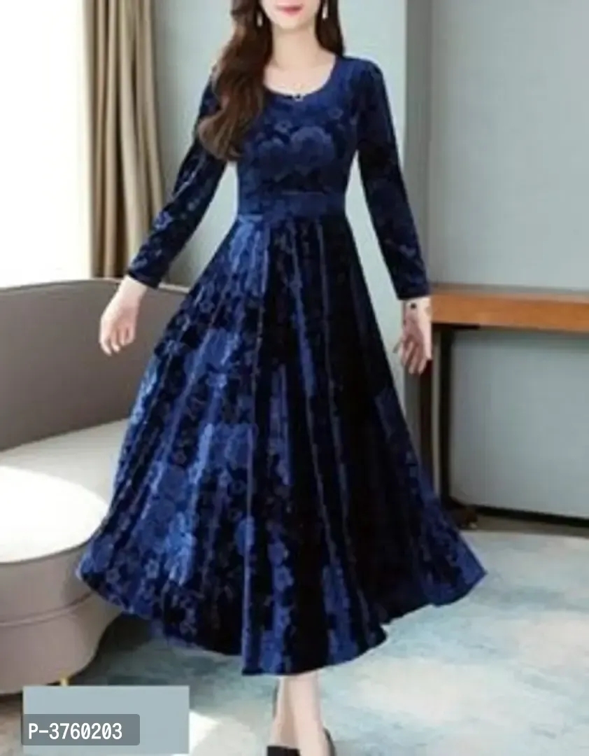 Navy Blue Printed Velvet Dress - M