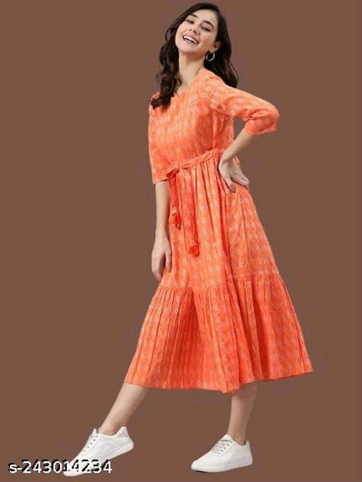 Rayon Printed Stylish Orange Kurti Dress For Women/girl - M