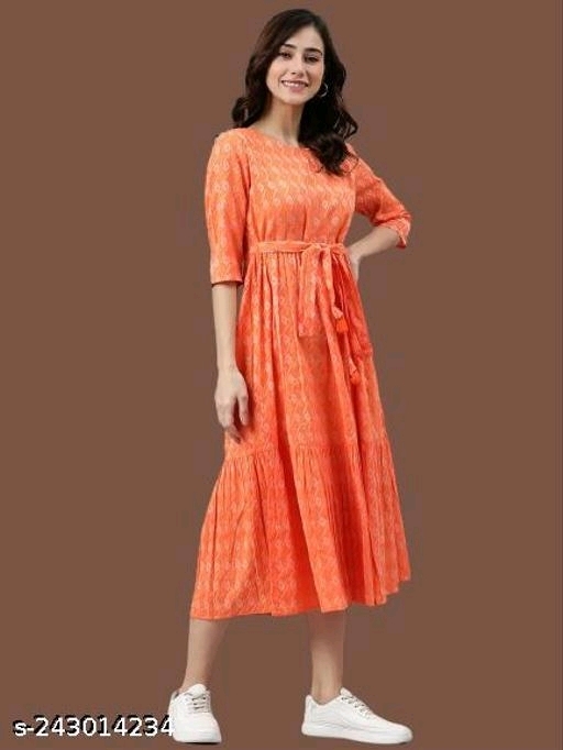 Rayon Printed Stylish Orange Kurti Dress For Women/girl - L