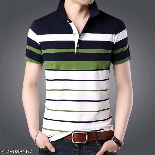 Men's Trendy Regular Fit Polo Neck Half Sleeve Striped Green T-shart - M