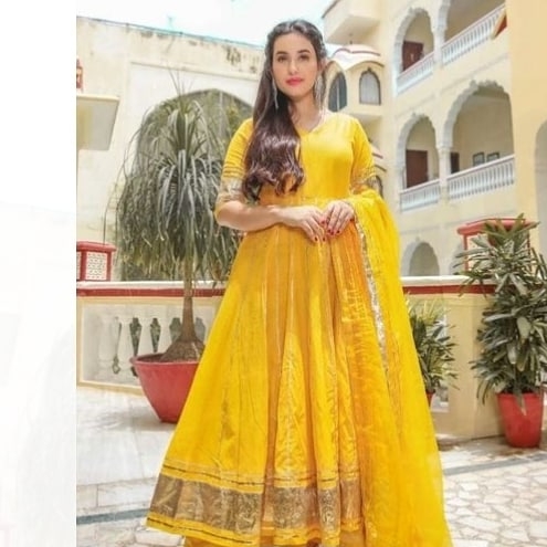 Regular Fit Mustard Yellow Embroidered Georgette Anarkali Kurti at Rs 650  in New Delhi