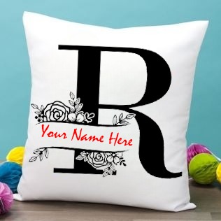 White Satin - R Alphabet Name Pillow - 12X12 Inch