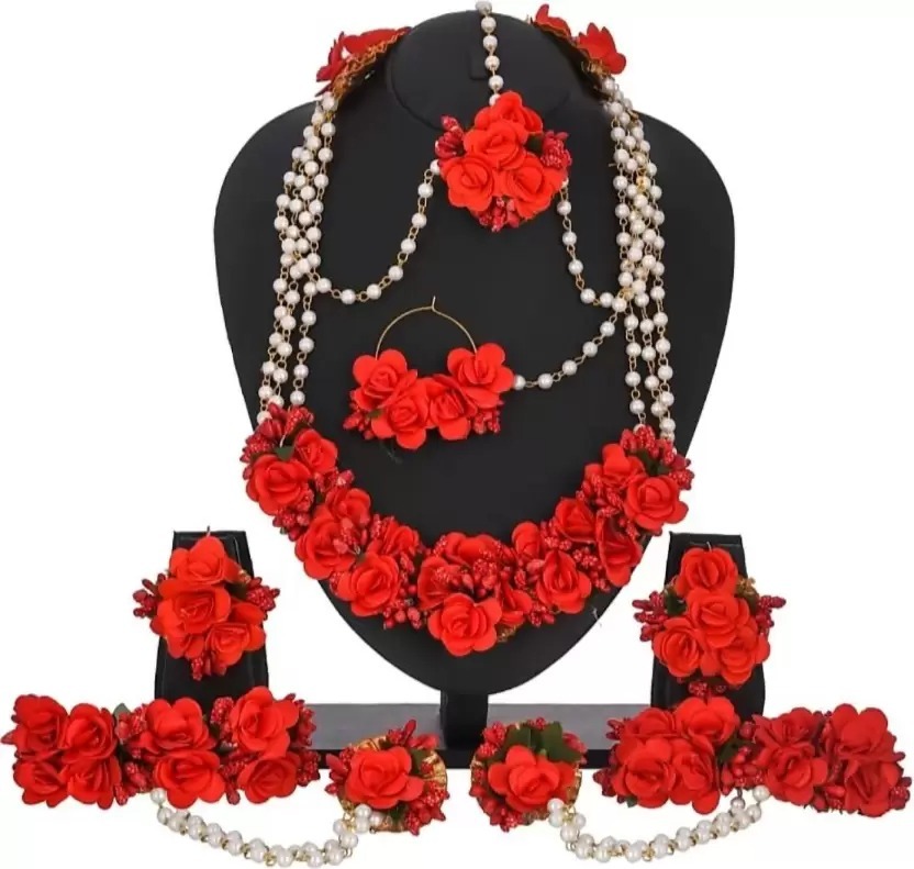 Elegant Flower Jewellery | Fashionable Mangtika With Earrings | Flower Jewels | Bridal Jewellery | Flower Earrings And Mangtika Set | Women Floral Jewellery For Haldi And Religious Festivals | Flower Jewelery For Haldi Marriage Ceremony