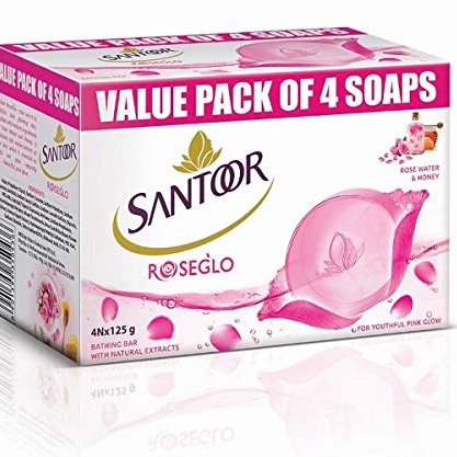 Santoor Rose Glo Bathing Bar With Natural Extracts, Rose Water & Honey - 125 g (Pack Of 6)