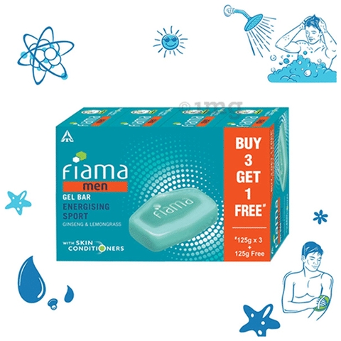 Fiama Men Gel Bar, Energising Sport, Ginseng & Lemongrass- With Skin Conditioners - 3×125g - (Multipack)