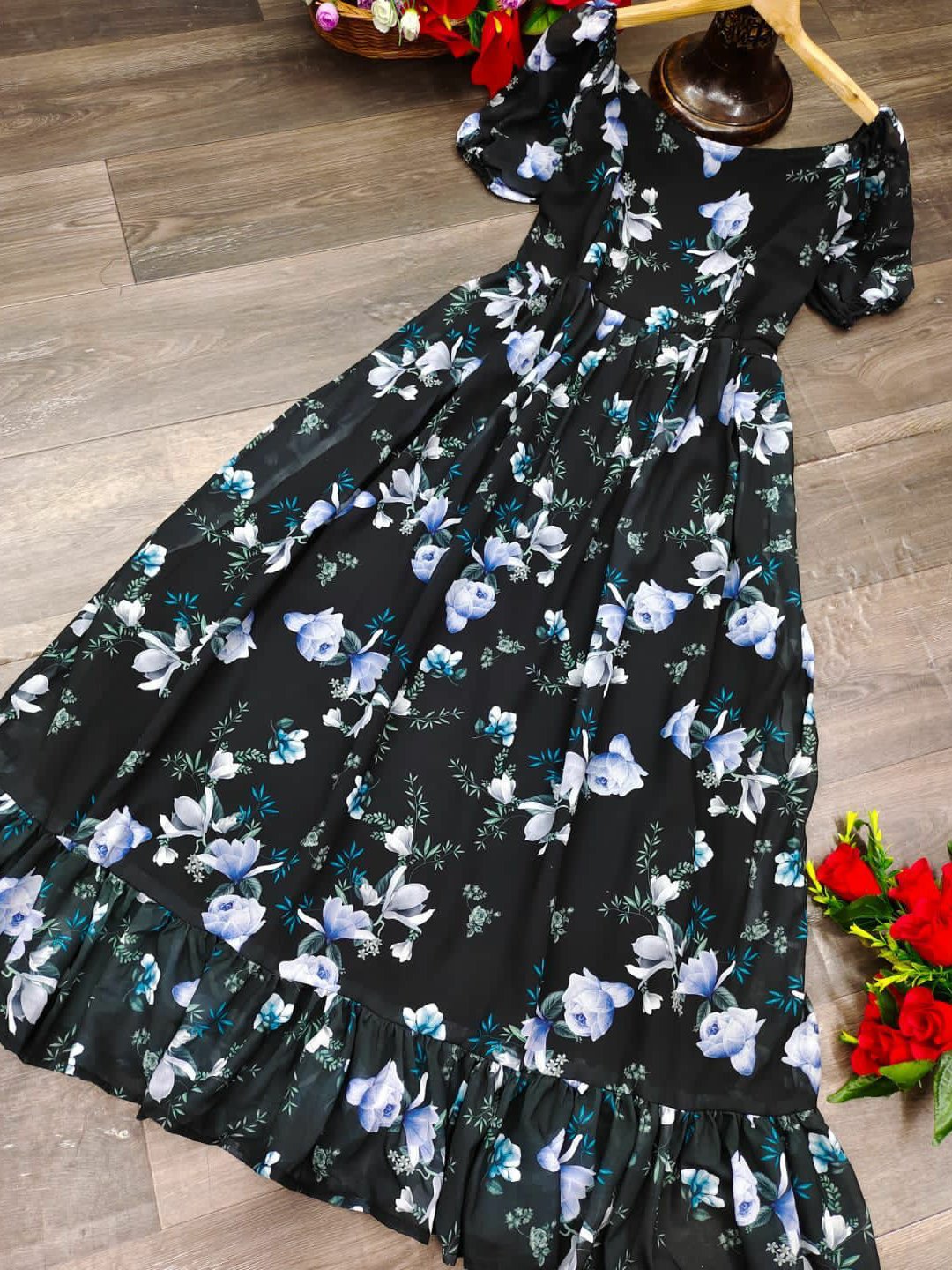 Classic Black Georgette Floral Maxi - M-38