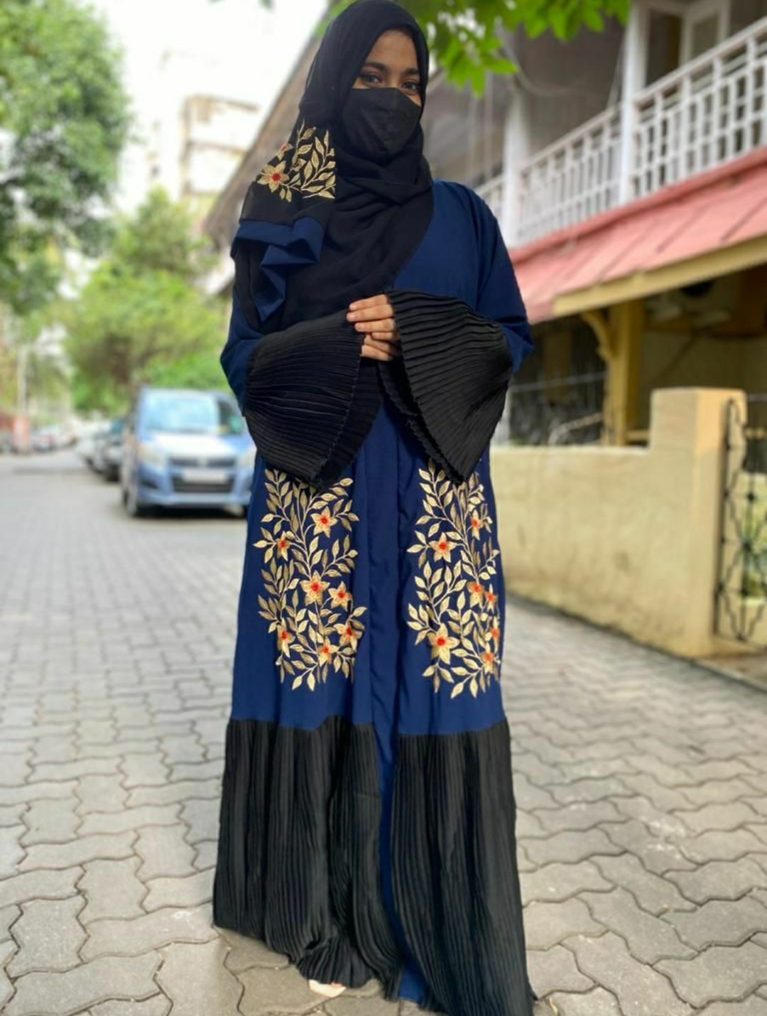 Jutte Frills Embroidery Abaya - Navy Blue