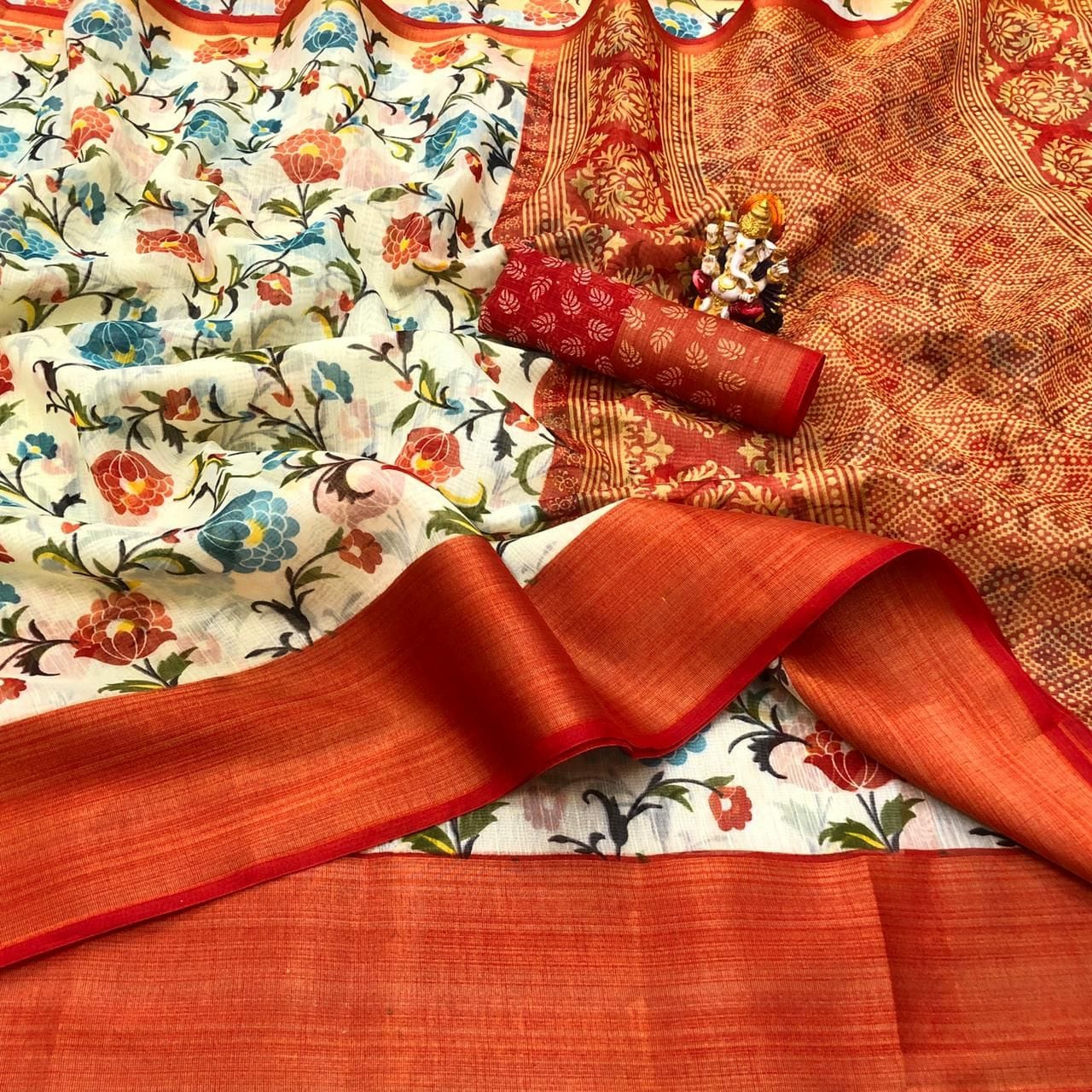 ZARI BORDER  WHITE FLOWER COTTON SAREE - Orange