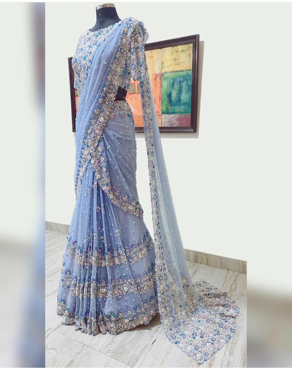 Pearl Work Georgette Saree - Blue