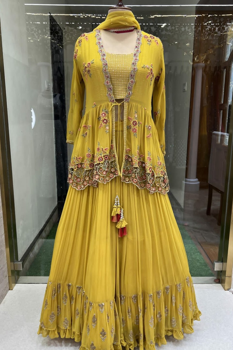 Mustard Yellow Crop Top Jacket & Lehenga - M