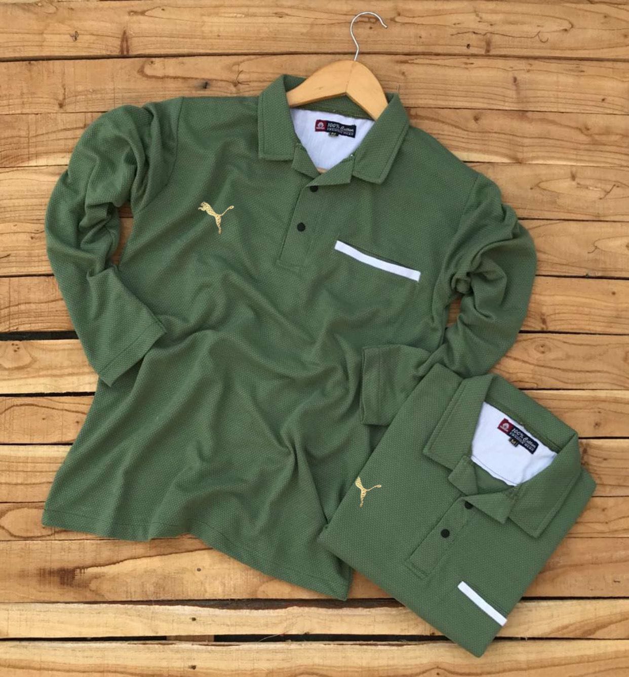 Premium Quality Full Sleeve Collar Tshirt - Green, XL-42