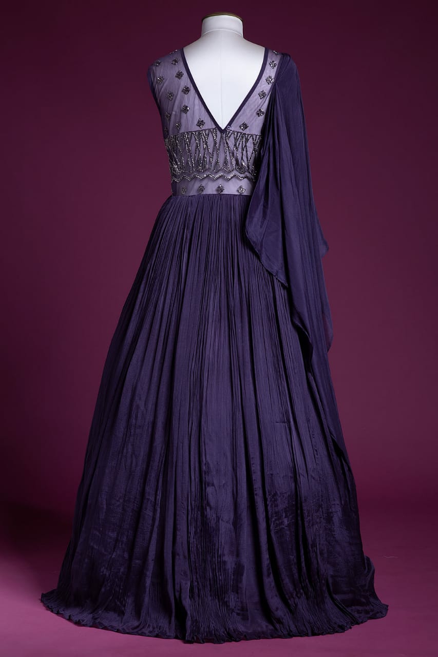 Crepe Designer V Neck Gown - Violet, 4XL
