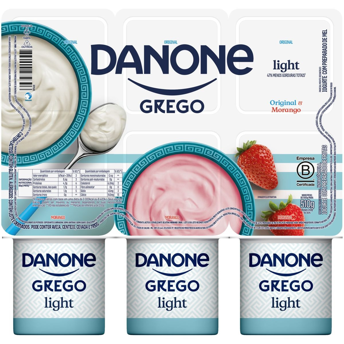 IOGURTE DANONE GREGO ORIGINAL E MORANGO LIGHT 510 G