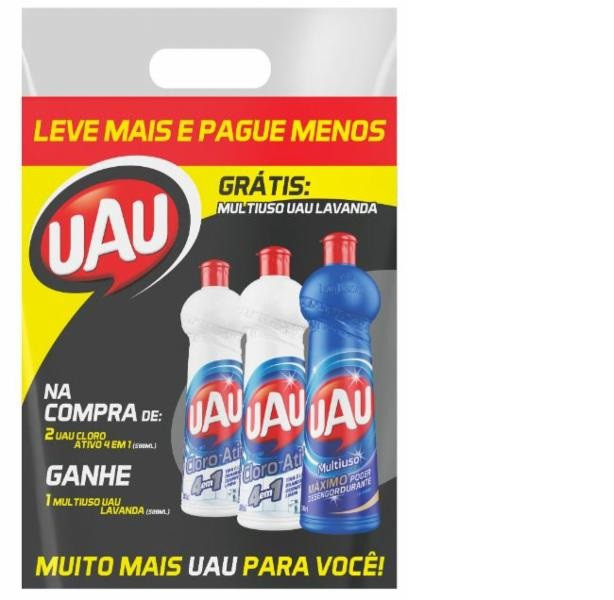 KIT LIMPADOR UAU 03 UNIDADES - 2 UAU CLORO 500 ML GRÁTIS 1 UAU MULTIUSO 500 ML