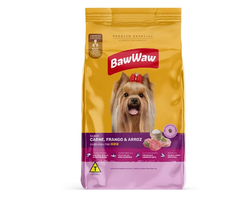 RAÇÃO PARA CÃES BAW WAW ADULTOS MINI SABOR CARNE E FRANGO - 900G