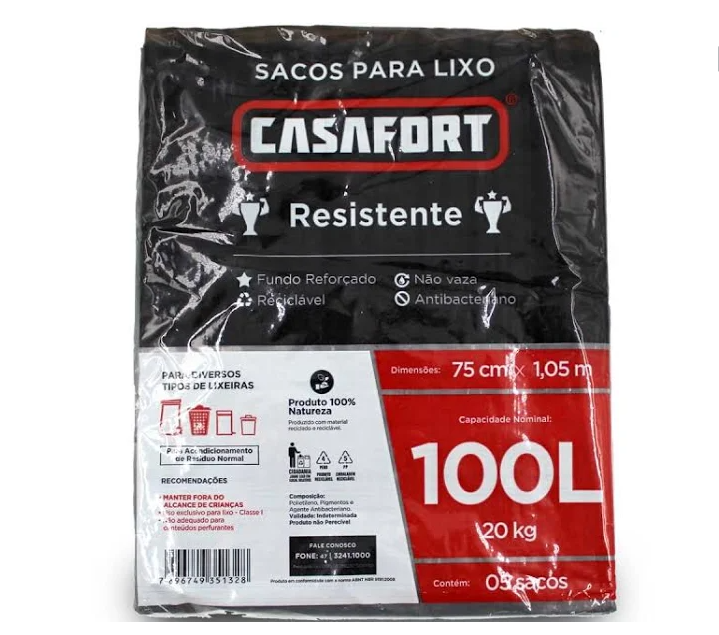 SACO DE LIXO PRETO 100L PACOTE C/05 UNIDADES CASAFORT