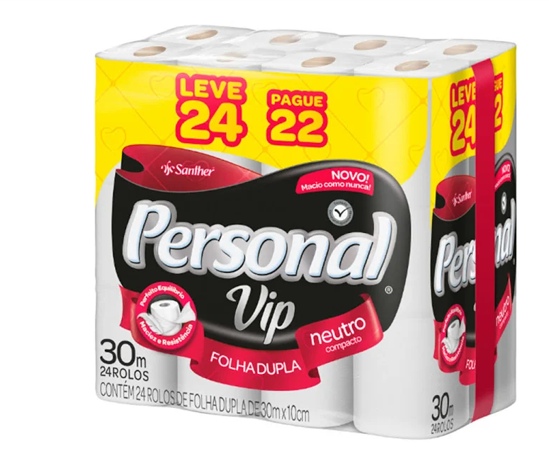 PAPEL HIGIÊNICO PERSONAL VIP FOLHA DUPLA NEUTRO 30M LEVE 24 E PAGUE 22