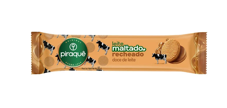 BISCOITO RECHEADO PIRAQUÊ LEITE MALTADO DOCE DE LEITE 85G