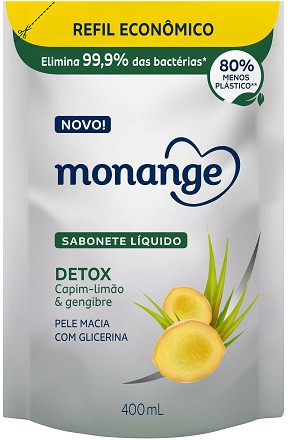 SABONETE LÍQUIDO DETOX CAPIM-LIMÃO & GENGIBRE MONANGE SACHÊ 400ML REFI
