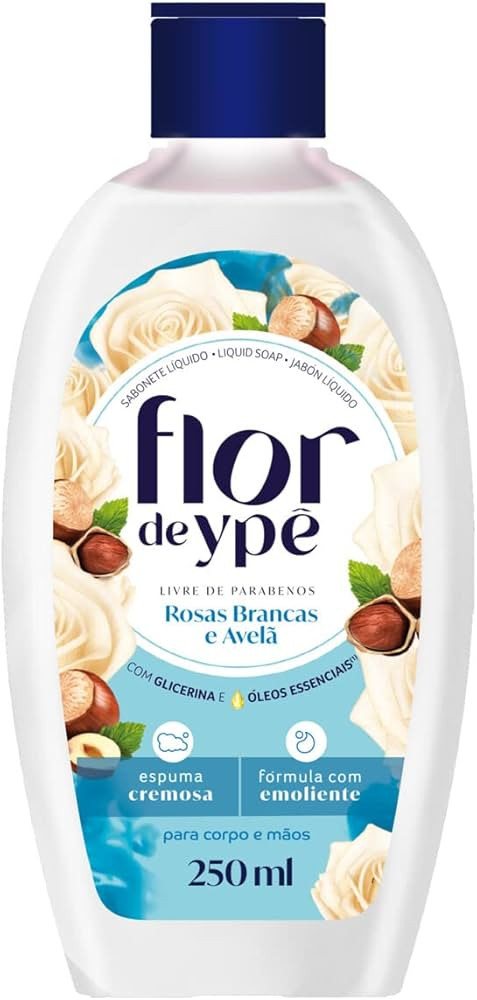 SABONETE LÍQUIDO MÃOS E CORPO ROSAS BRANCAS E AVELÃ FLOR DE YPÊ FRASCO